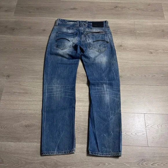 Y2K G Star RAW Attacc Low Straight Jeans Blue Distressed Denim Jeans Size 30